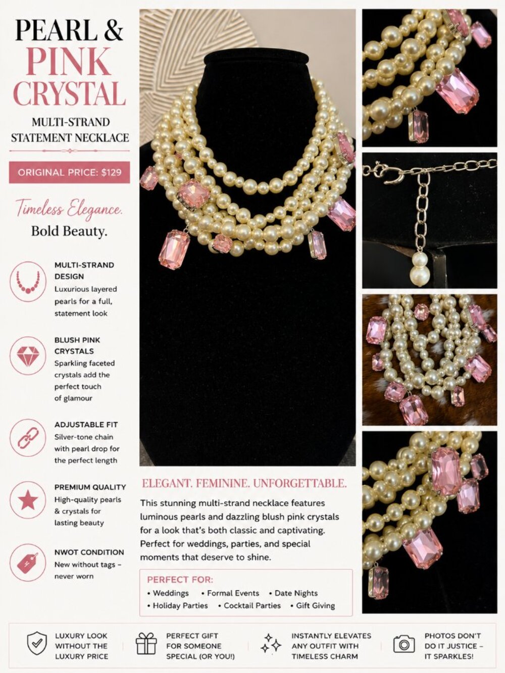 NWOT Pearl Multi-Strand Statement Necklace with Blush Pink Crystal Charms Weddin